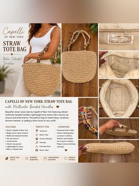 Capelli of New York Beige Straw Tote with Multicolor Beaded Handles